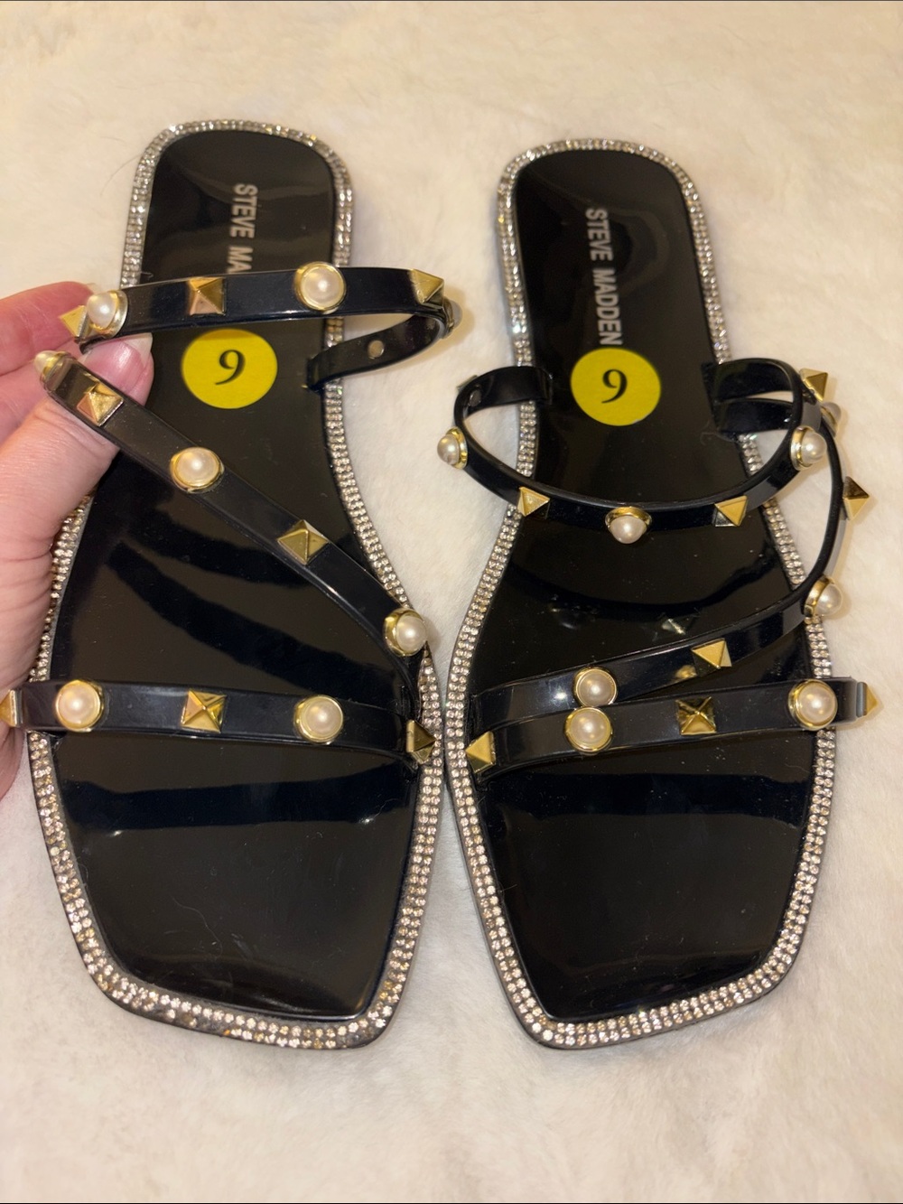 New Steve Madden Jellah  Studded Pearl Flat Black Jelly Flats Sandals Size: 9